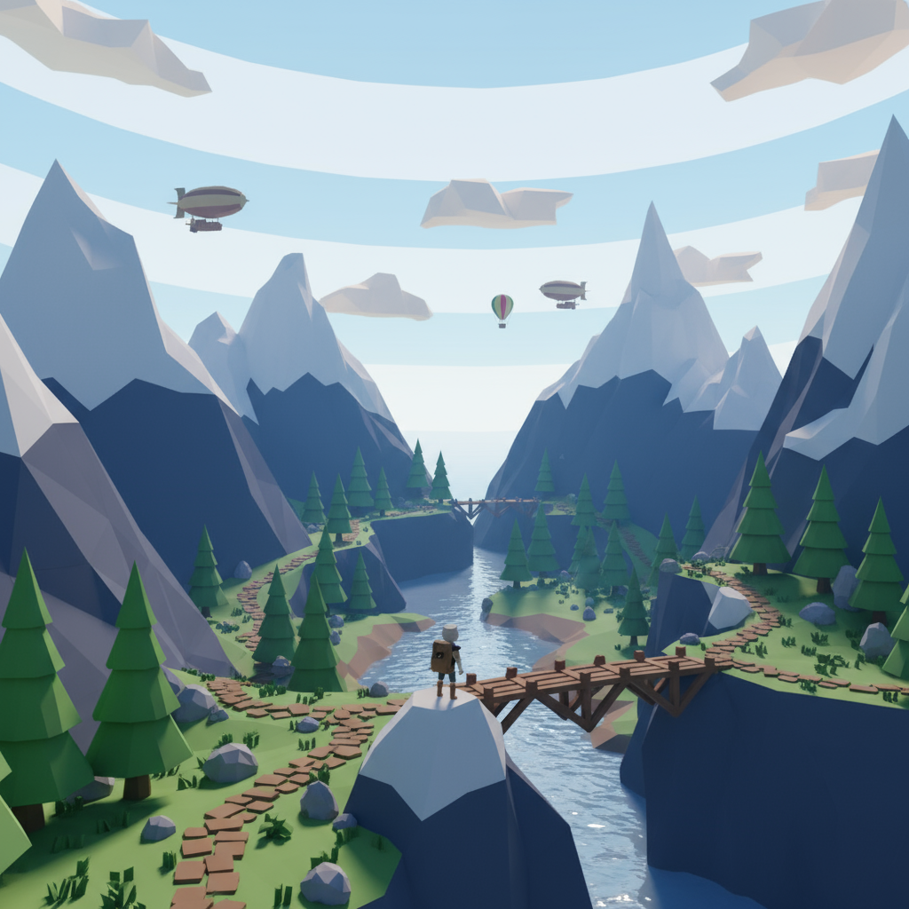 Krea 2 generated low poly 3D mountainous terrain for game level design