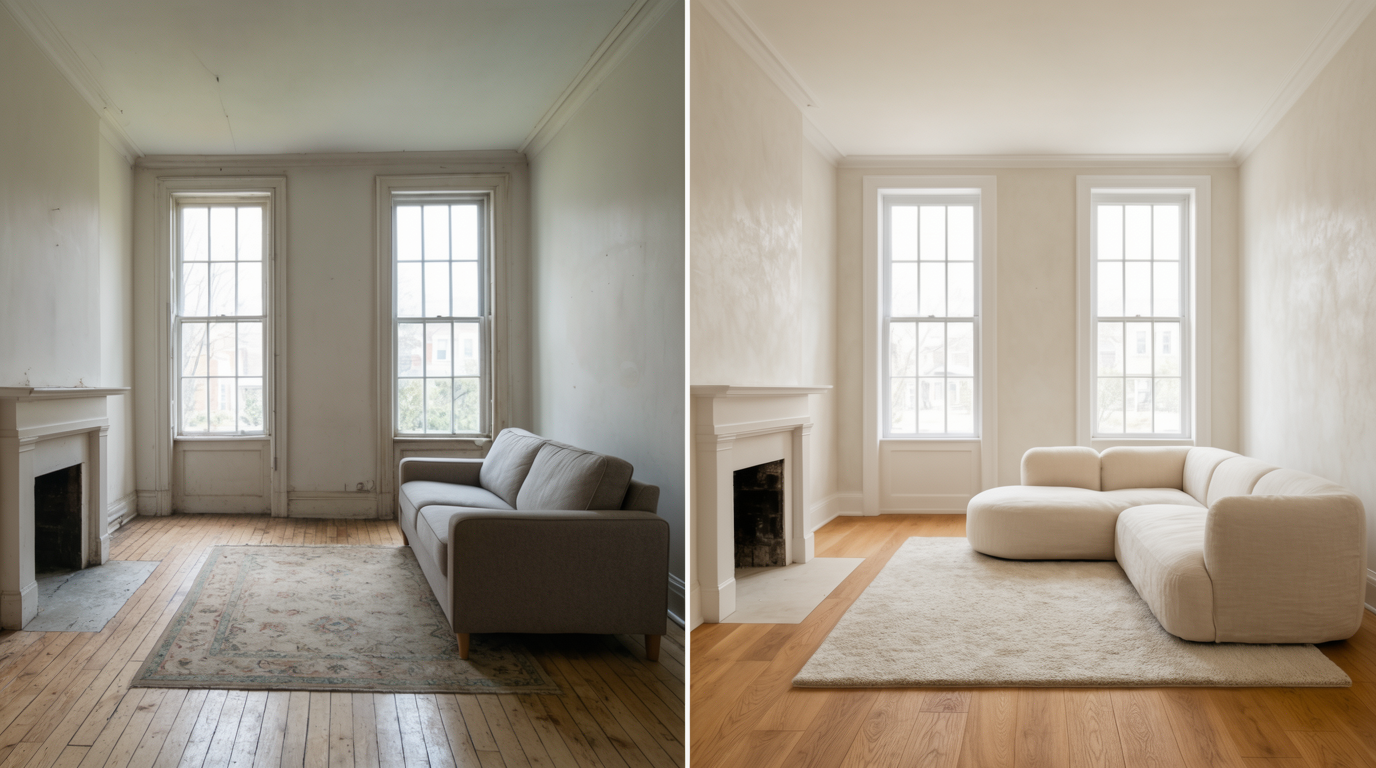 A modest living room in daylight shown beside a restrained redesign that keeps the same windows, fireplace, and layout while changing finishes and furnishings.