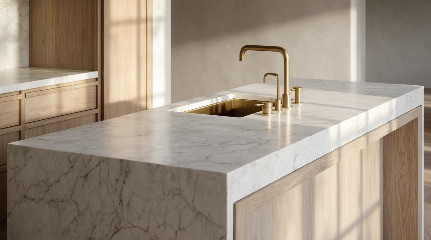 A kitchen viewed from three-quarters angle with a white-oak island, honed marble, brushed brass, and late-afternoon light.