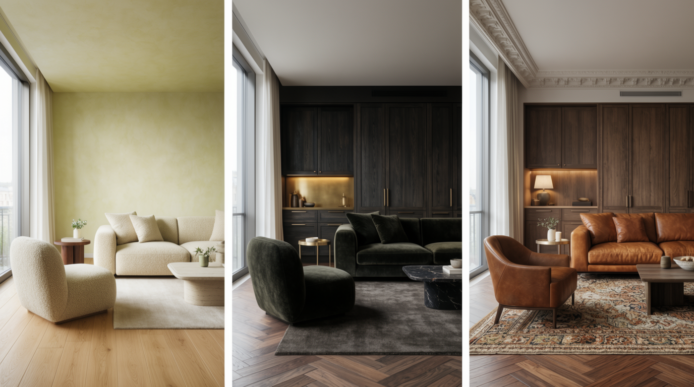 Three redesign directions for the same apartment living room shown as a client-review board, each keeping the same room geometry but shifting mood and materials.