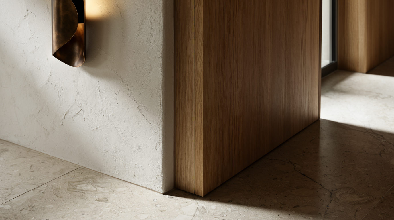 A narrow threshold vignette showing textured plaster, oak joinery, stone flooring, and a sculptural wall light.