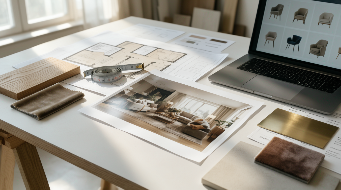 A designer compares an interior concept with measured plans, finish samples, and furniture specification sheets on a worktable.