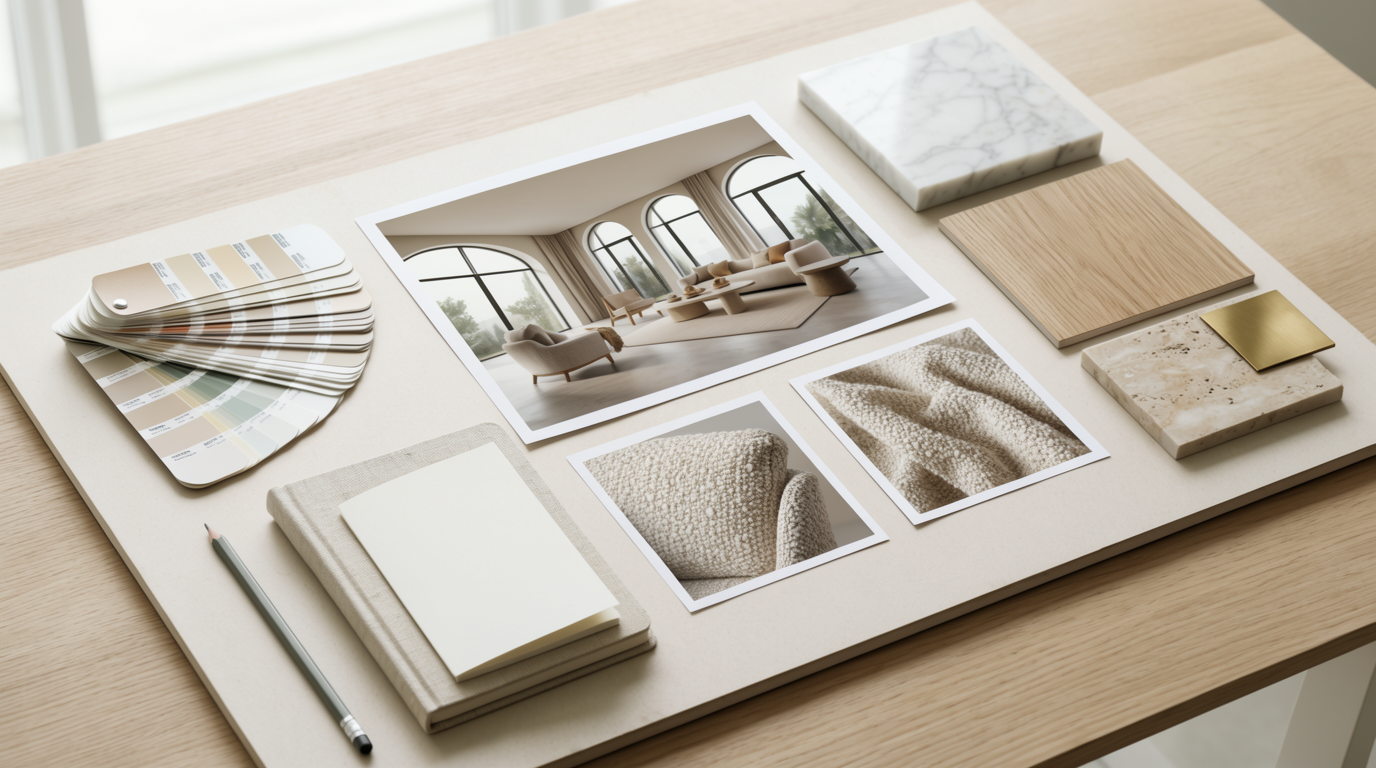 A presentation board on a desk with one hero room view, two material-detail views, and physical finish samples arranged beside it.