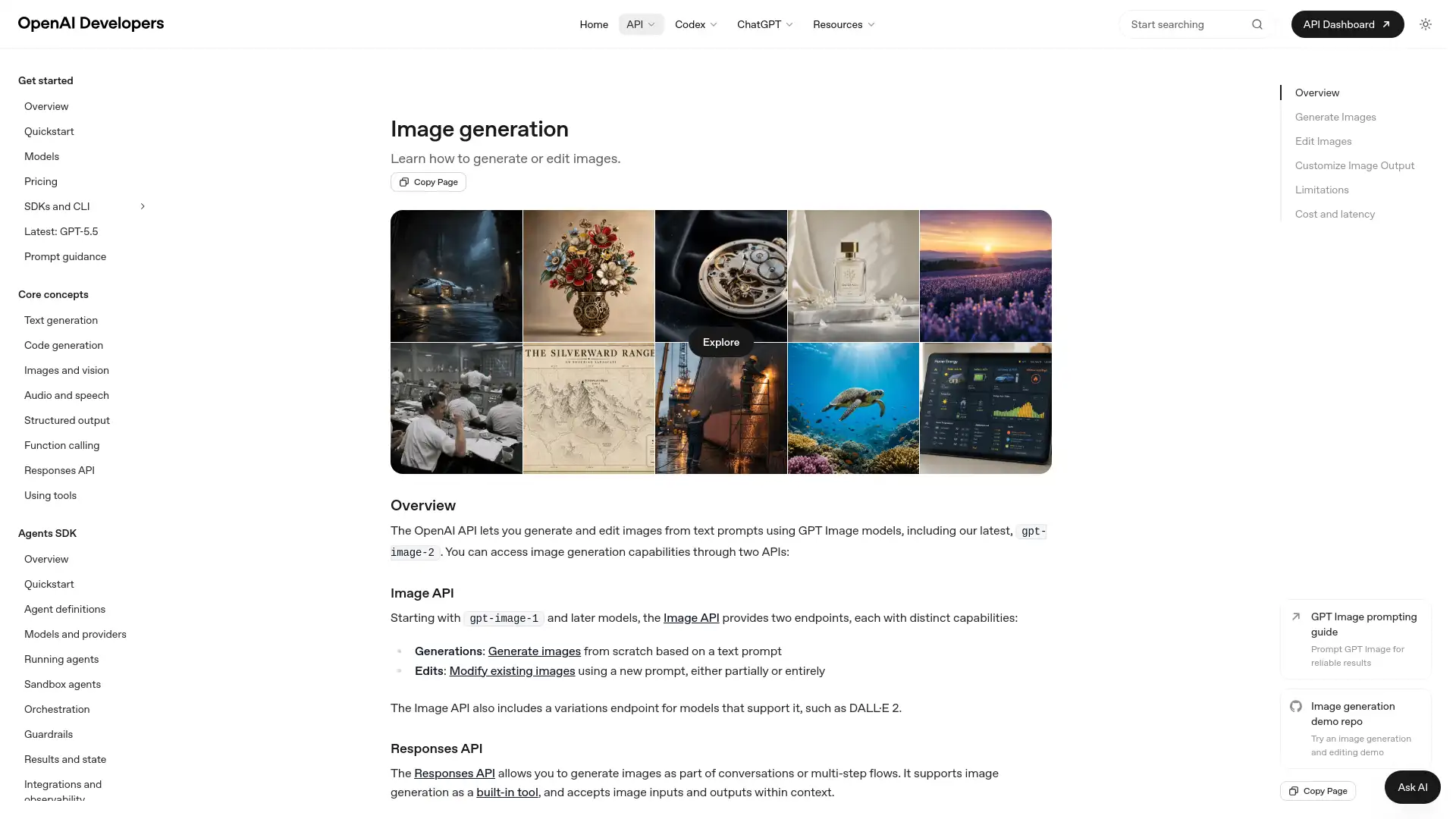 OpenAI documentation page for image generation featuring a grid of AI-generated sample images.