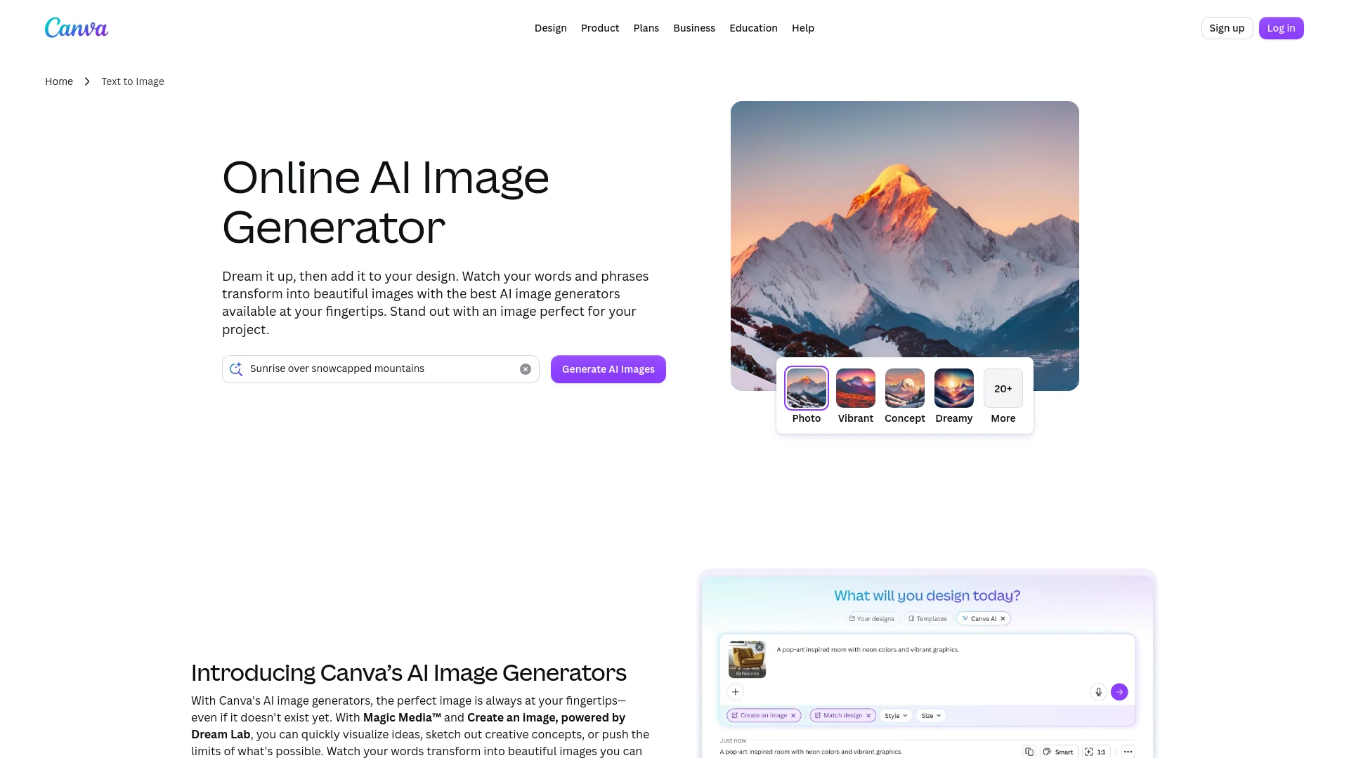 Canva landing page for an AI image generator featuring a mountain illustration and prompt tool.
