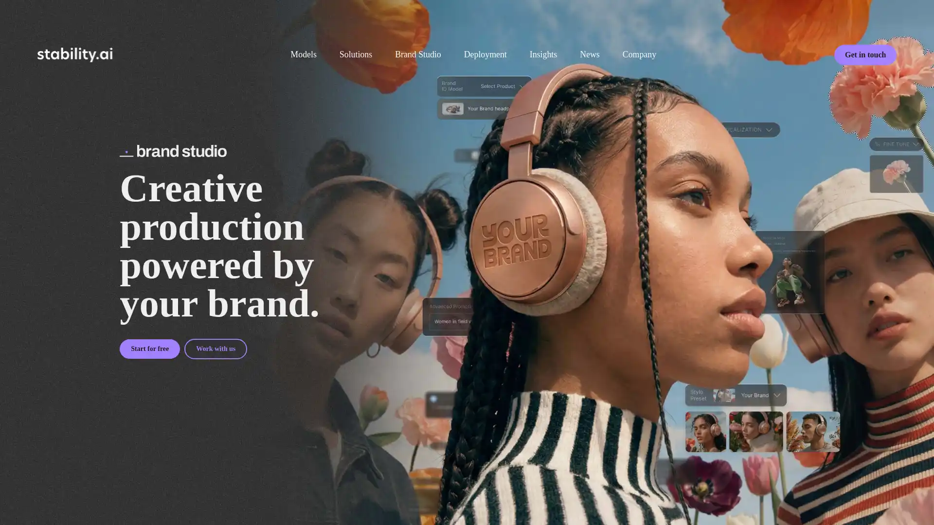 Stability AI Brand Studio homepage featuring a person with headphones and floral background graphic overlays.