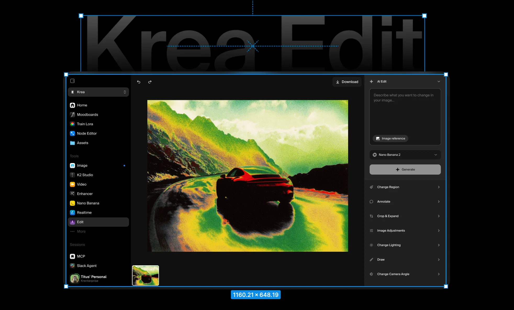 Krea Edit interface displaying a vivid car image beneath oversized selected typography