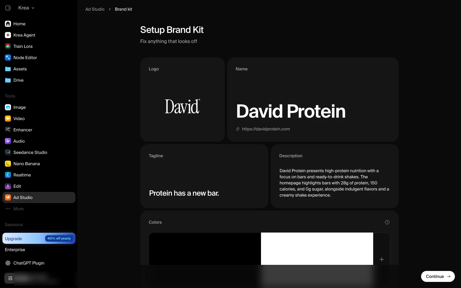 An Ad Studio brand kit with logo, tagline, description and palette