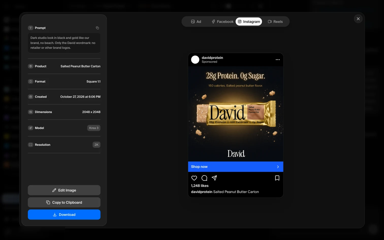 Ad Studio preview of a square ad as a sponsored Instagram post