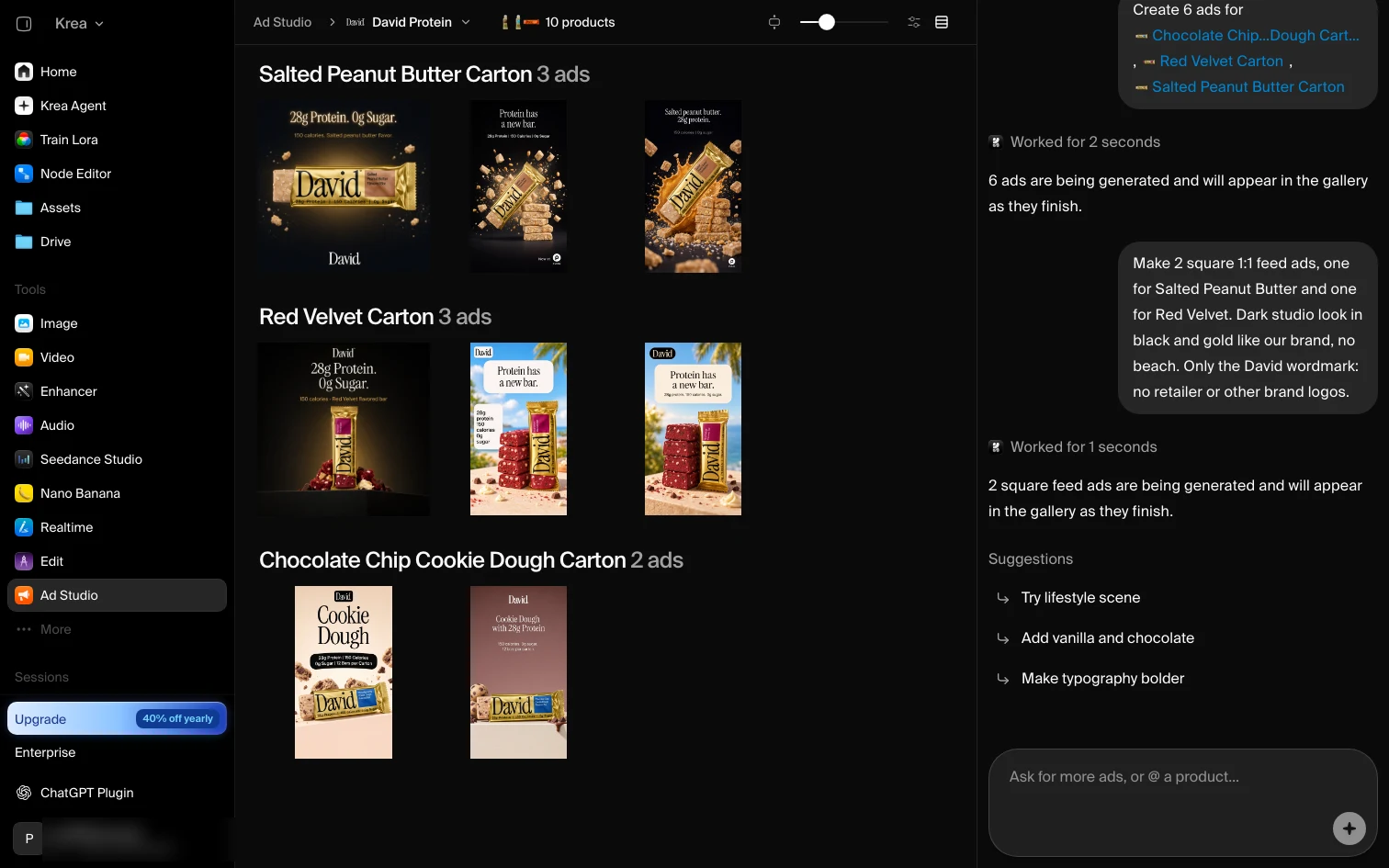 Ad Studio gallery with ads grouped by product and the Agent chat on the right
