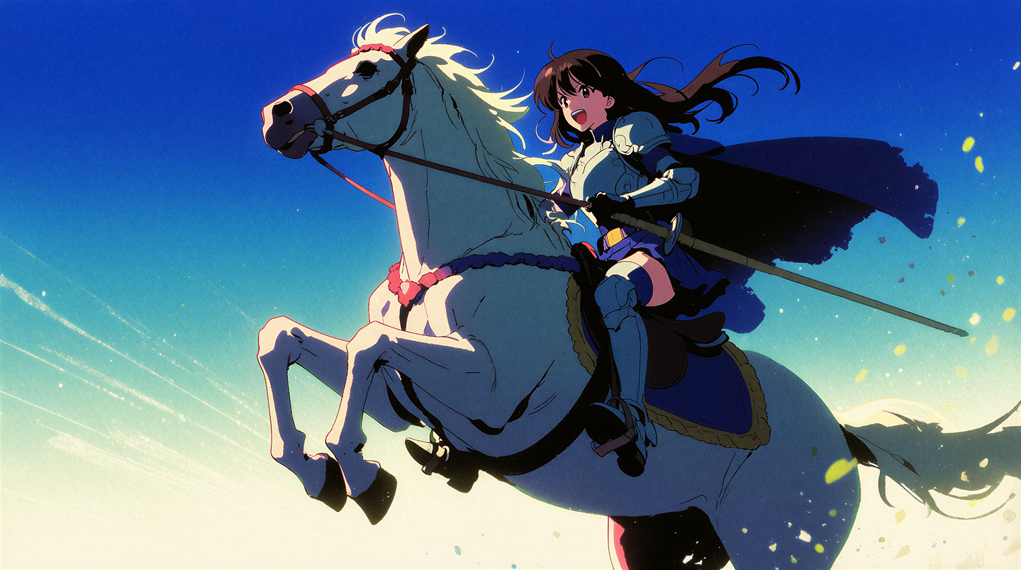 Female anime ranger in armor on a white stallion rearing on its hind legs, wide angle perspective