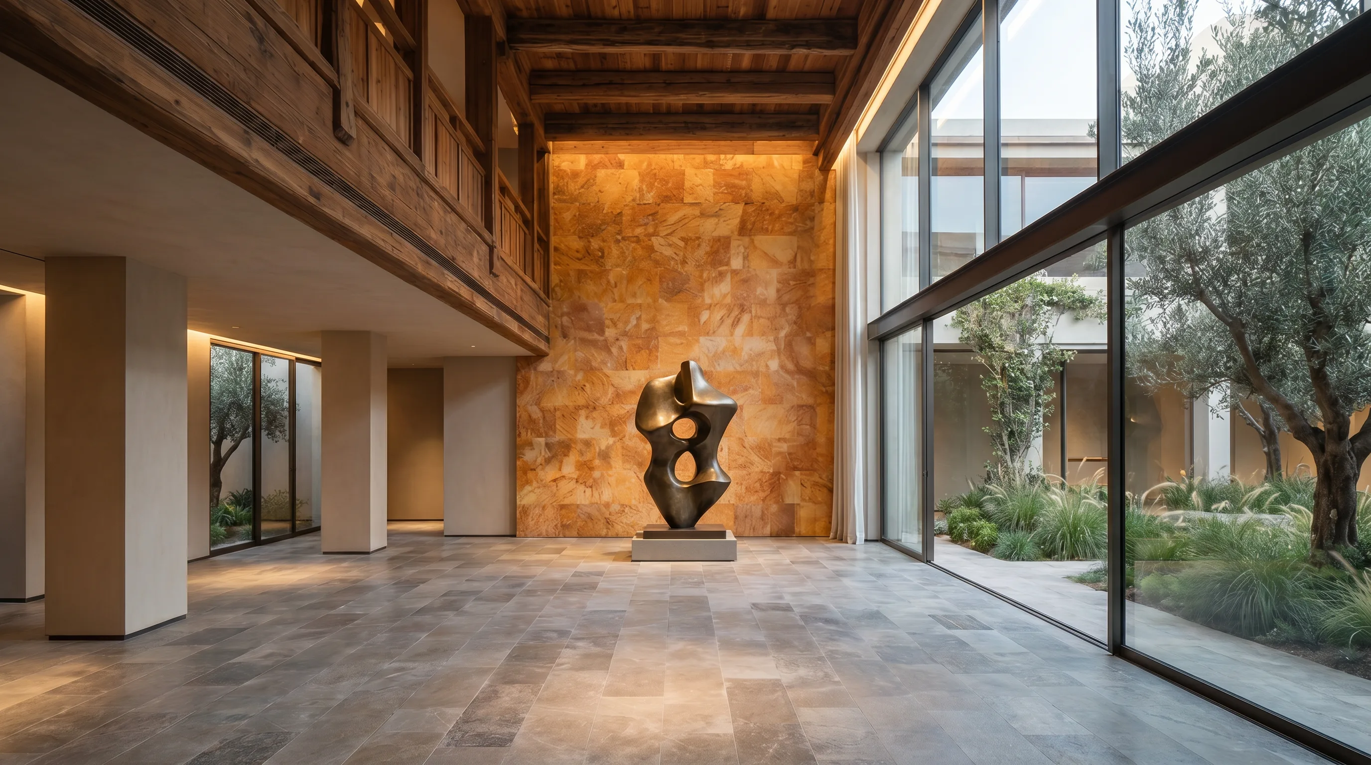 A light-filled architectural hall with a sculptural centrepiece, rendered with Krea