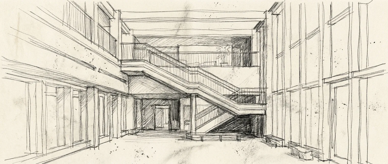 Early architectural sketch of an interior before rendering
