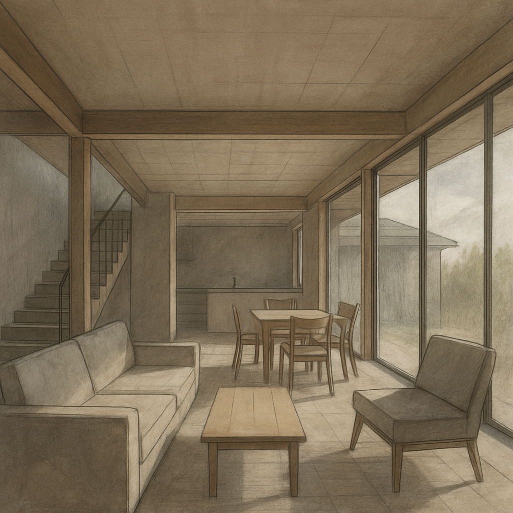 Low resolution interior architectural render of a modern living room