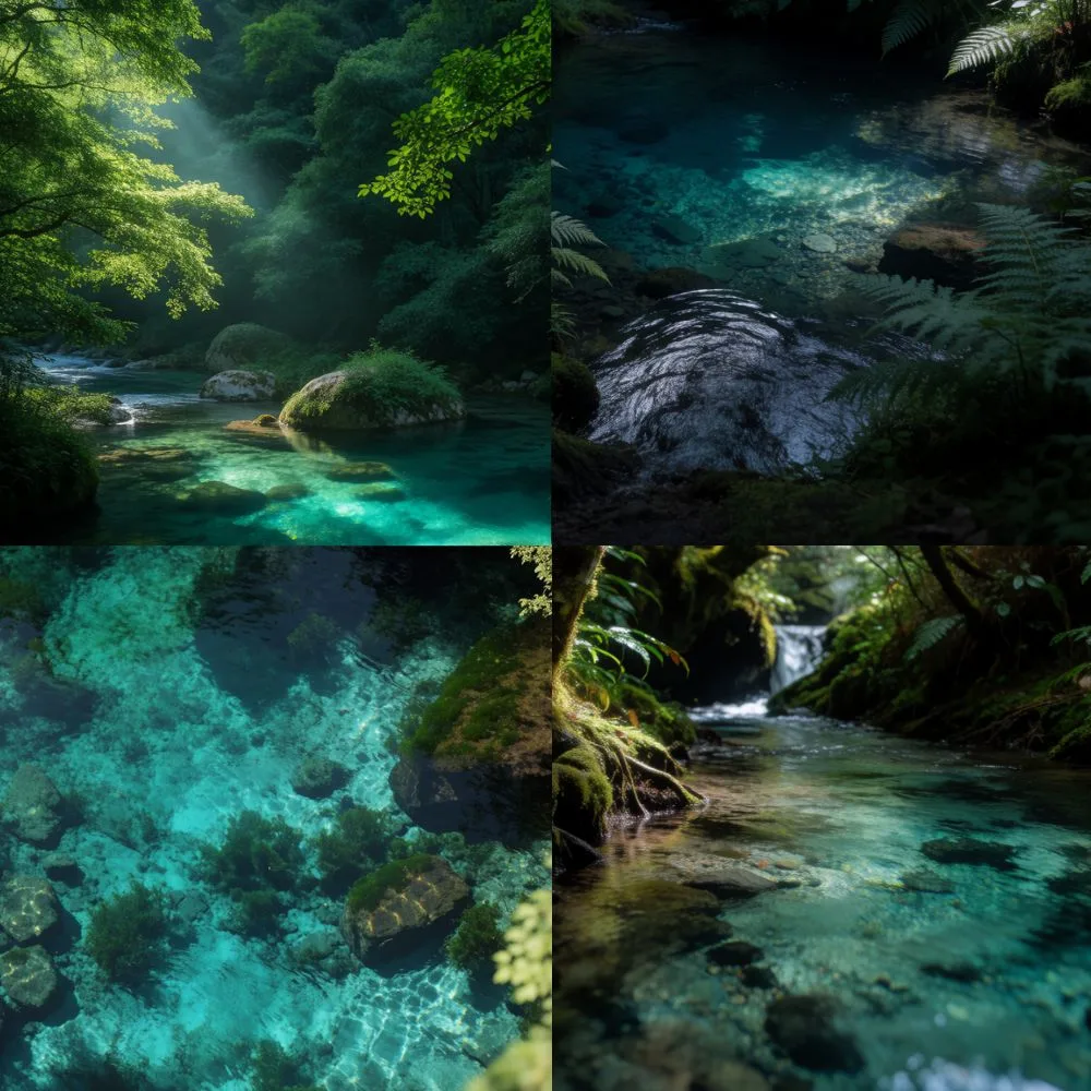 Four Krea generations in a lake blue and forest green palette: a sunlit forest river, a dark fern pool, a turquoise shallow bed from above, and a mossy stream.