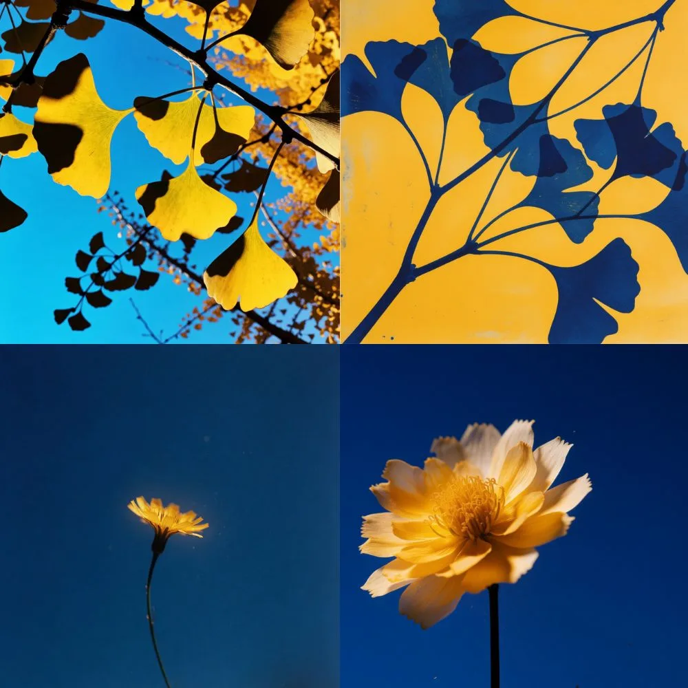 Four Krea generations in goose yellow and Klein blue: backlit ginkgo leaves against sky, an inverted blue-on-yellow botanical print, and two flowers on deep blue.