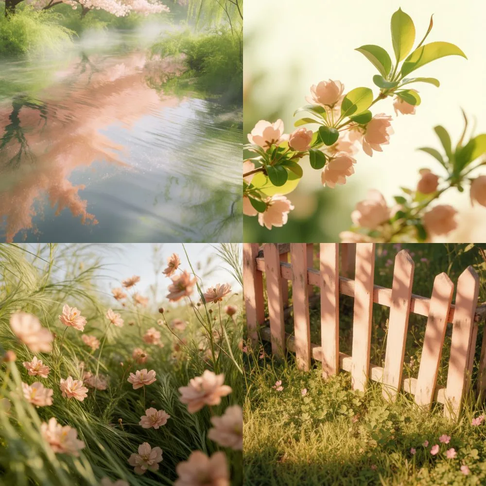 Four Krea generations in willow green and peach pink: blossom reflected in water, a backlit peach blossom branch, a cosmos meadow, and a sunlit peach fence.