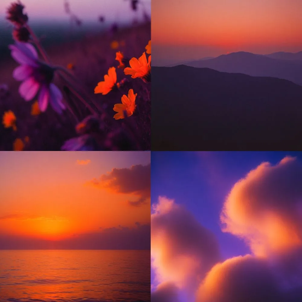 Four Krea generations in violet purple and sunset orange: wildflowers at last light, layered violet mountains, a sunset over water, and orange-lit cloud.