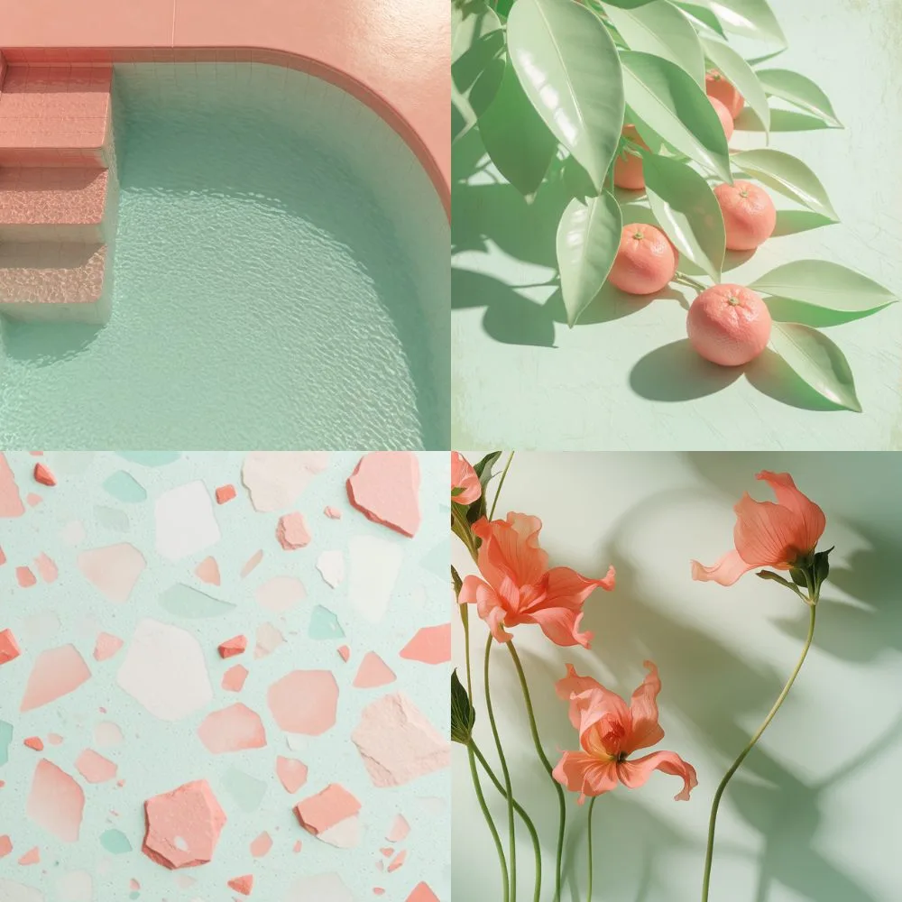Four Krea generations in mint green and coral pink: a coral pool edge, coral fruit on mint leaves, a terrazzo surface, and coral poppies casting shadows.