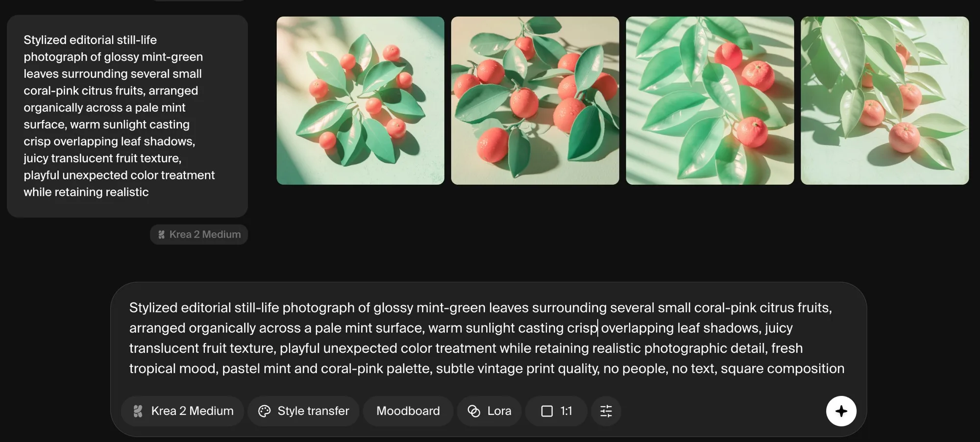 The Krea image generator with Krea 2 Medium selected, showing the mint and coral prompt and the four variations it returned.