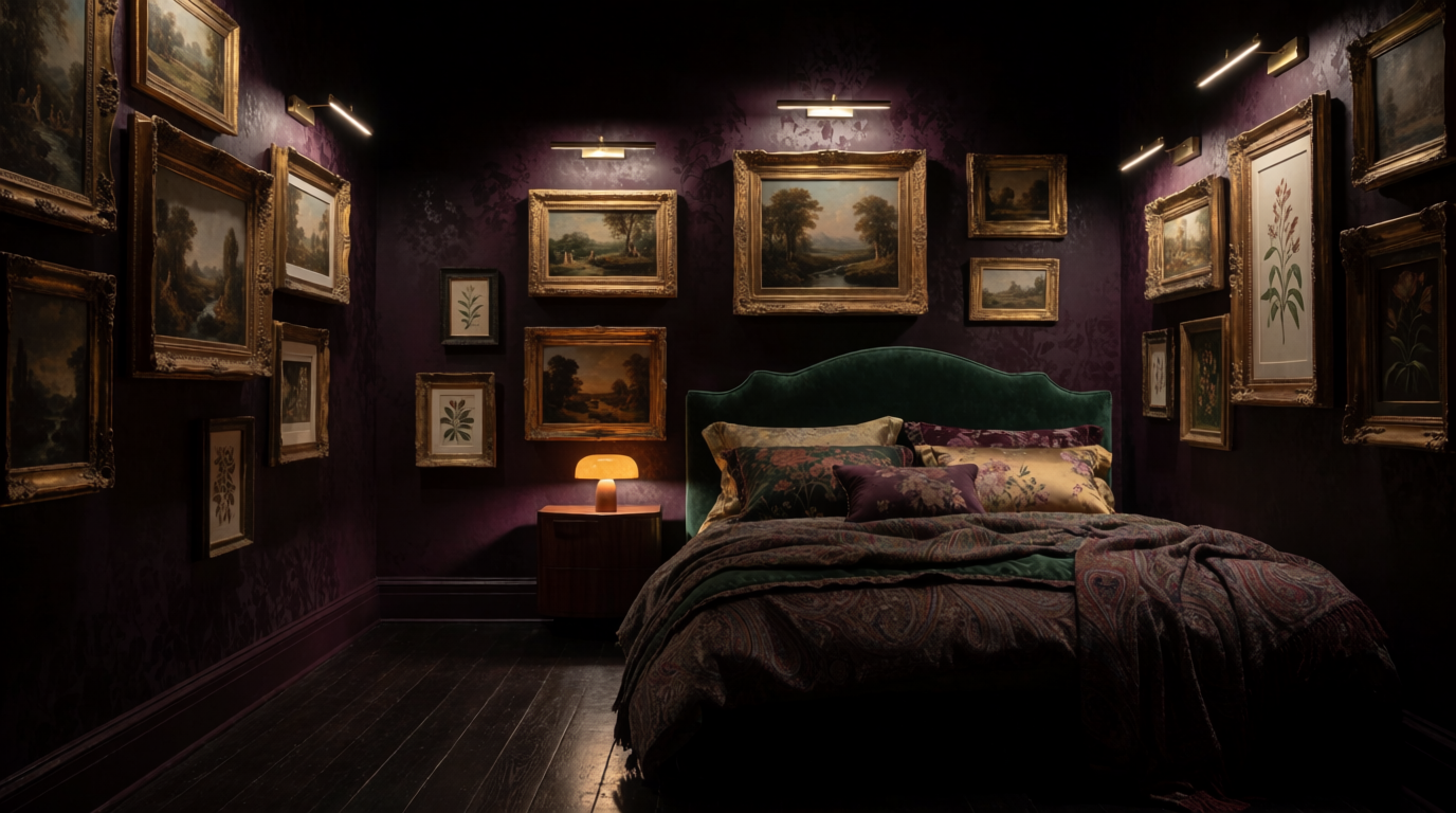 An aubergine bedroom crowded with framed art over an emerald velvet headboard, lit by brass picture lights, generated on Krea