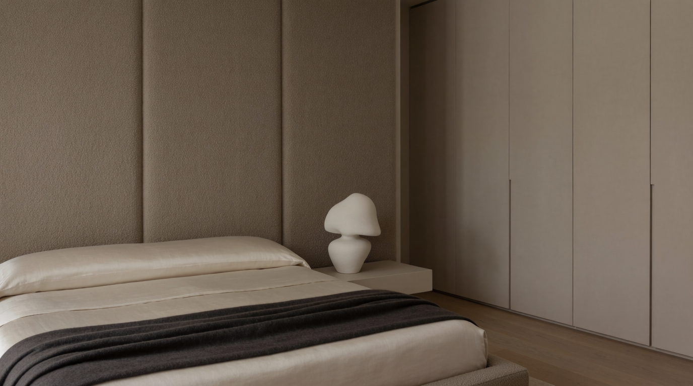 A taupe bouclé headboard wall with bone silk-blend bedding and a single sculptural lamp, generated on Krea