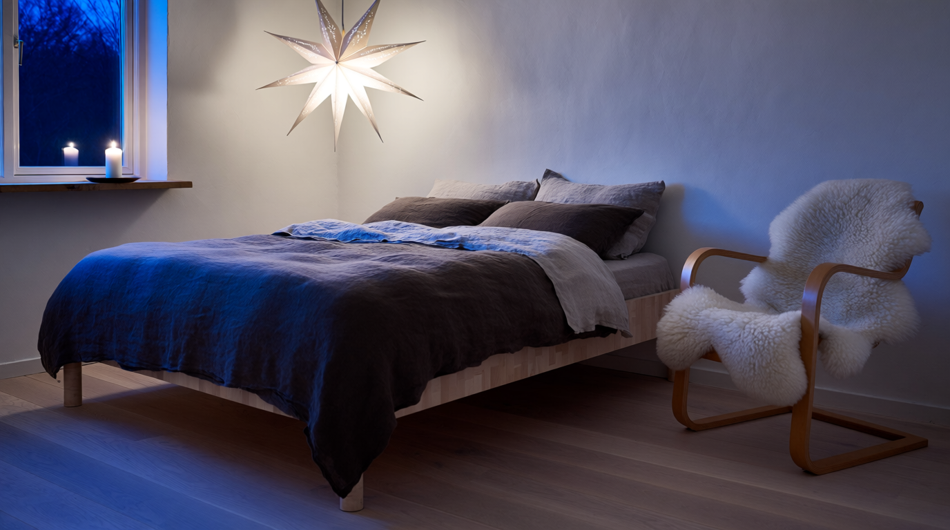 A white and birch bedroom with a paper star lamp and candlelit sill against blue dusk, generated on Krea
