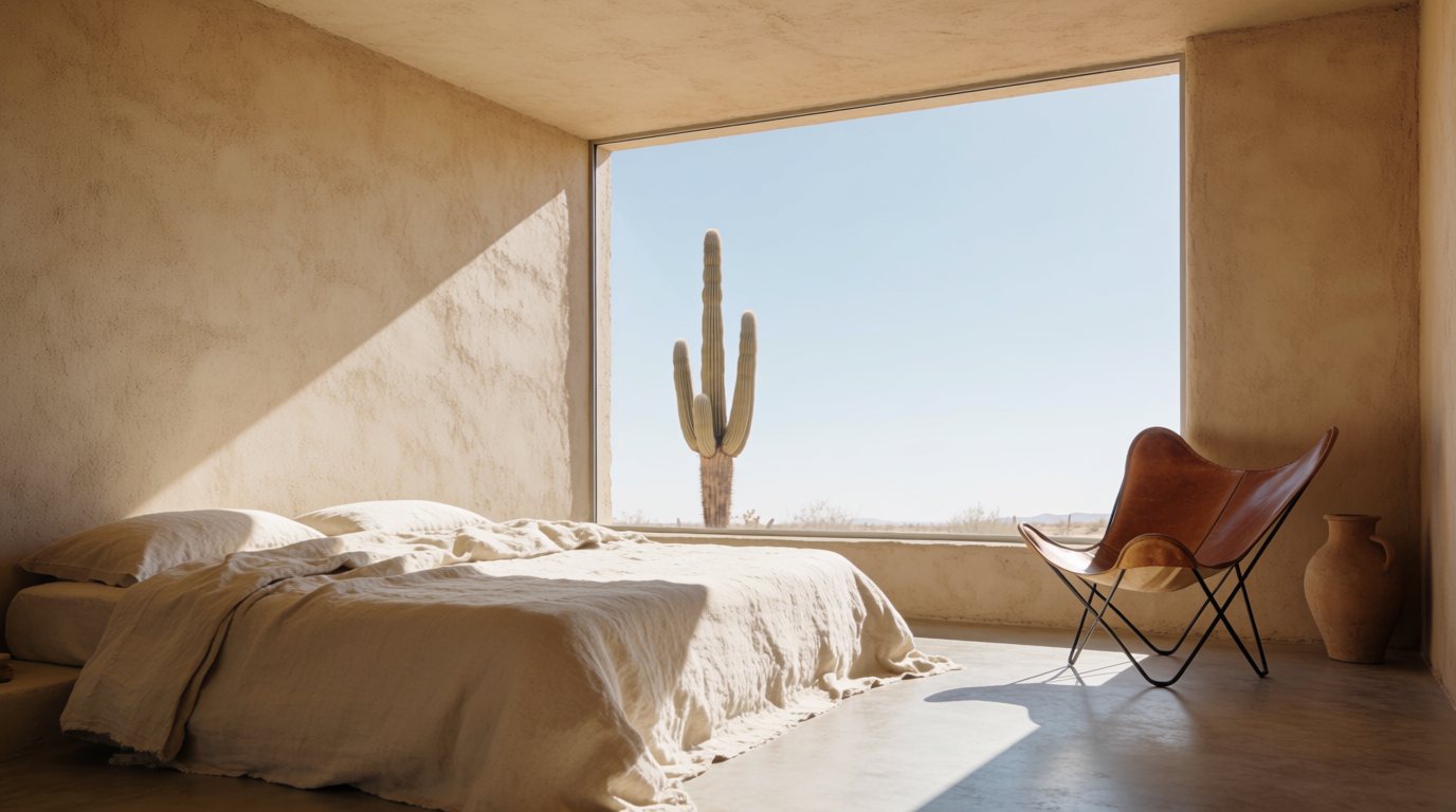 An adobe-walled bedroom with undyed cotton bedding, a saguaro view and a leather butterfly chair, generated on Krea
