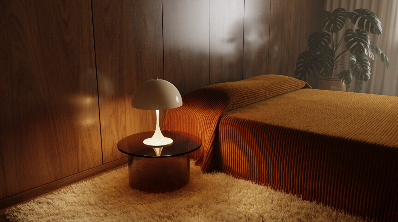A walnut-panelled bedroom with burnt-orange corduroy bedspread, mushroom lamp and shag rug, generated on Krea