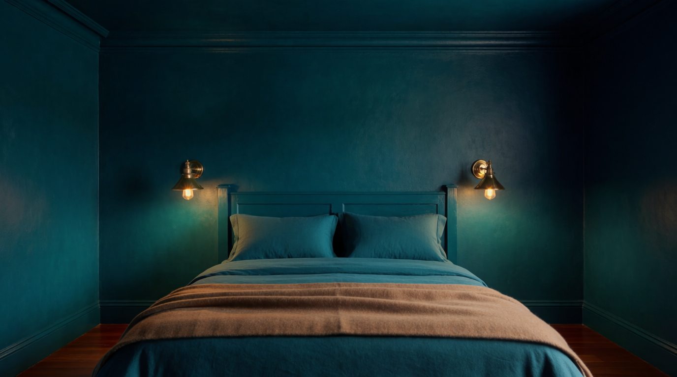 A bedroom drenched entirely in deep teal with brass sconces and a single camel blanket, generated on Krea
