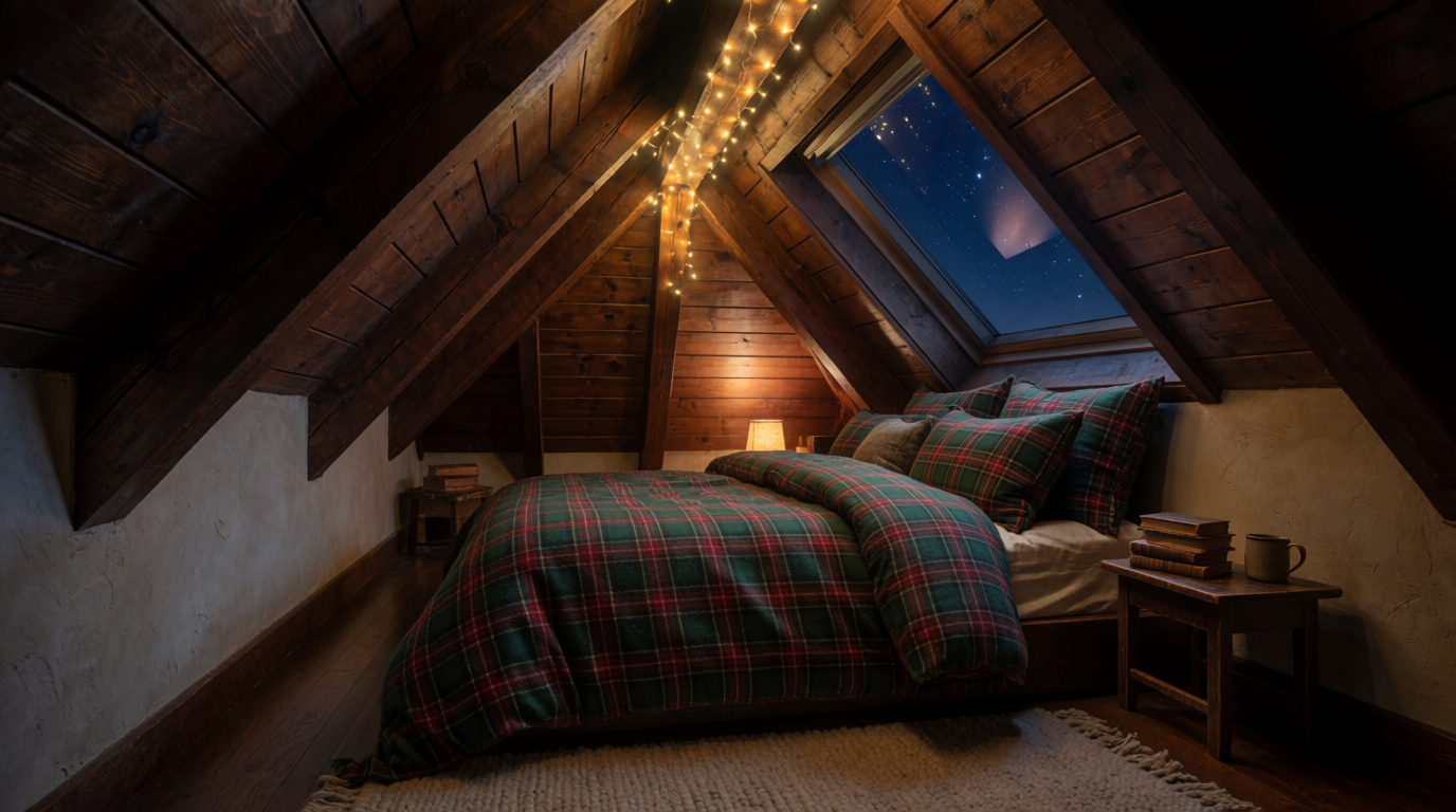 A bed tucked under steep beamed ceilings with a skylight over the pillows and string lights along the ridge, generated on Krea