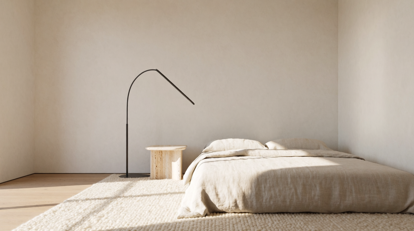 A limewashed cream bedroom with oatmeal linen, a travertine side table and one curved floor lamp in raking sun, generated on Krea
