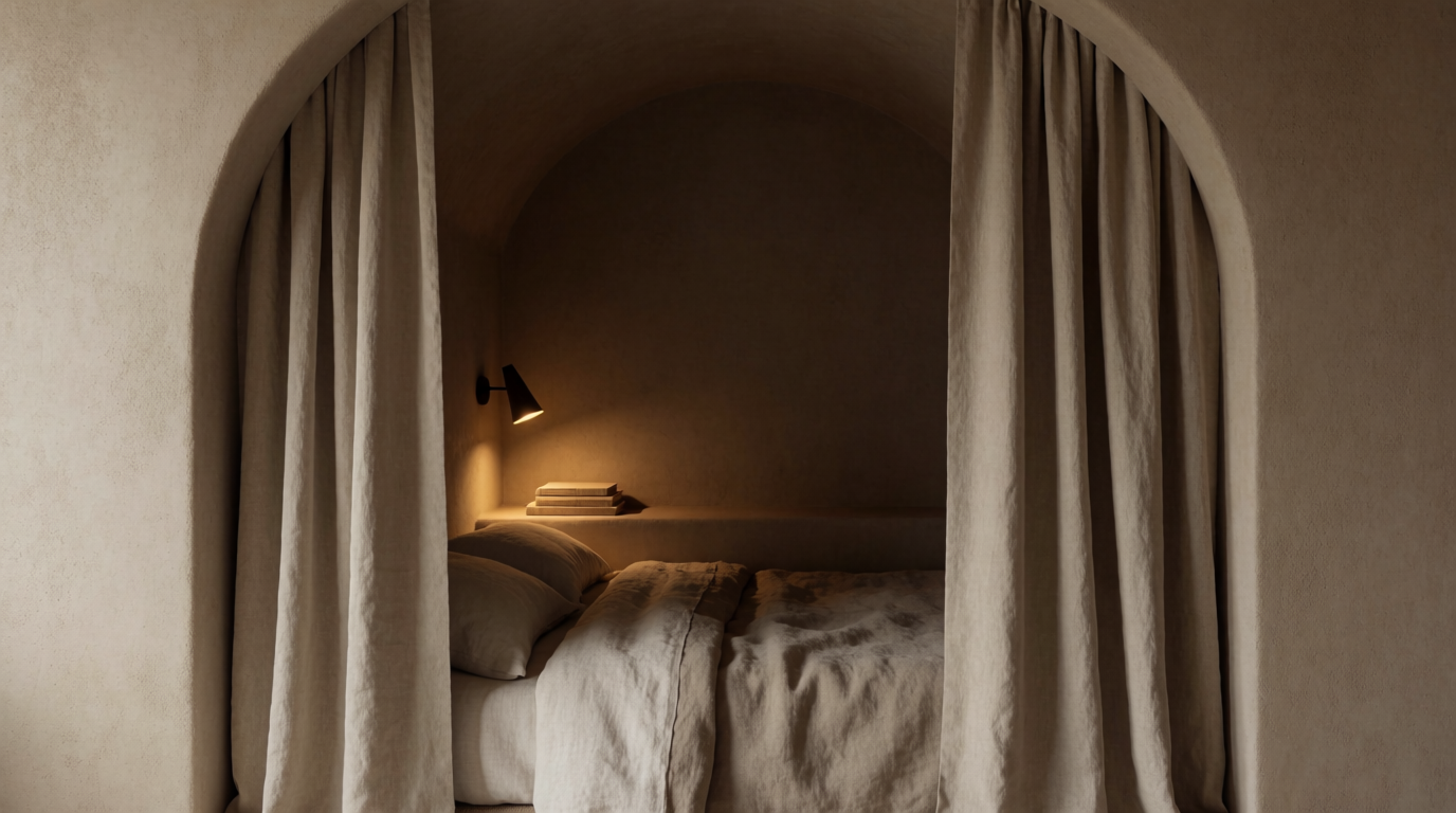 A bed recessed into an arched alcove wrapped in sand-colored drapes, lit by a single sconce, generated on Krea