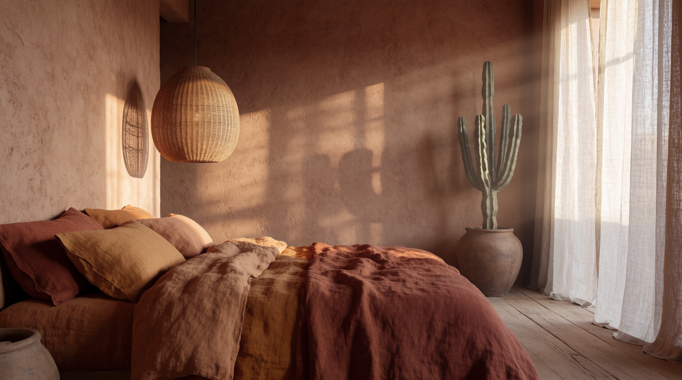 A clay-plastered bedroom in rust and ochre with a woven pendant and warm afternoon light, generated on Krea