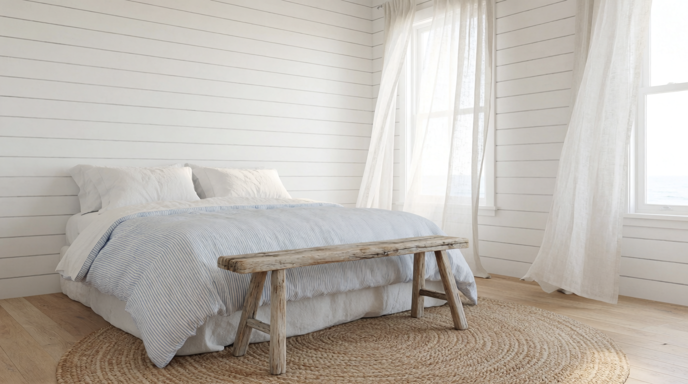 A white shiplap bedroom with gauzy curtains, driftwood bench and jute rug in bright sea light, generated on Krea