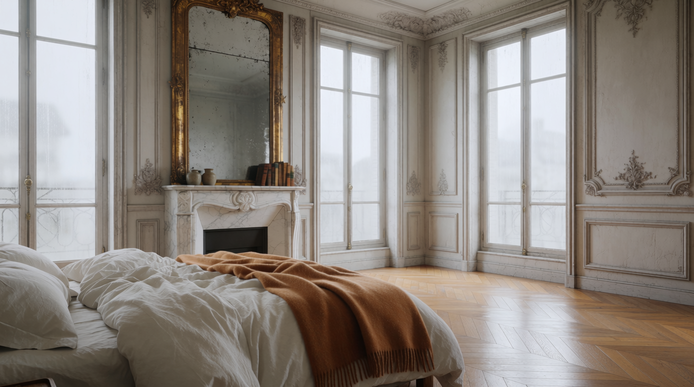 A tall Parisian bedroom with ornate mouldings, marble fireplace, gilt mirror and a caramel throw on white bedding, generated on Krea