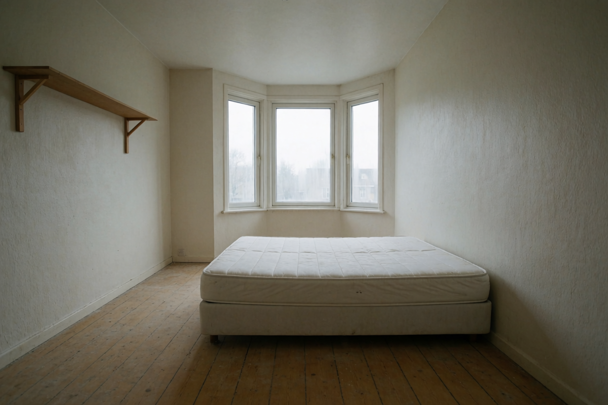 The reference: a bare room with a three-pane bay window and one empty shelf, uploaded to Krea as the image reference