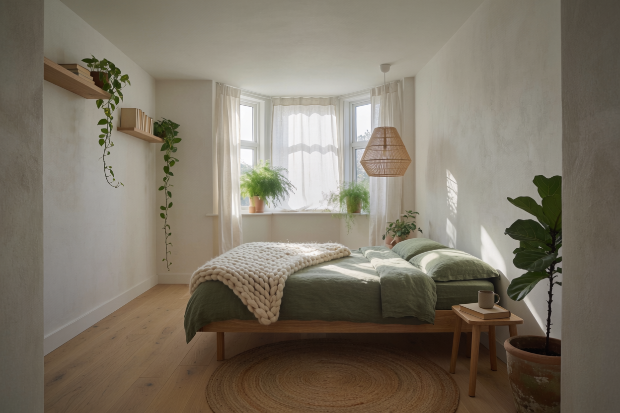 The same bare room redesigned: sheer curtains on the bay, a fern and a trailing plant on the sill, a pothos from the shelf, a fiddle-leaf fig on the floor, a knitted throw over moss-green linen, a rattan pendant and a jute rug in morning sun, generated on Krea from the reference above