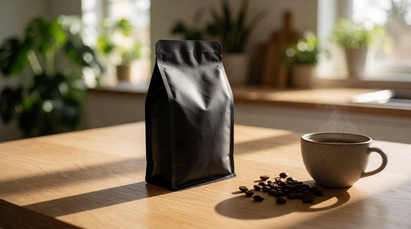 Raw Krea 2 output: coffee bag in morning kitchen light