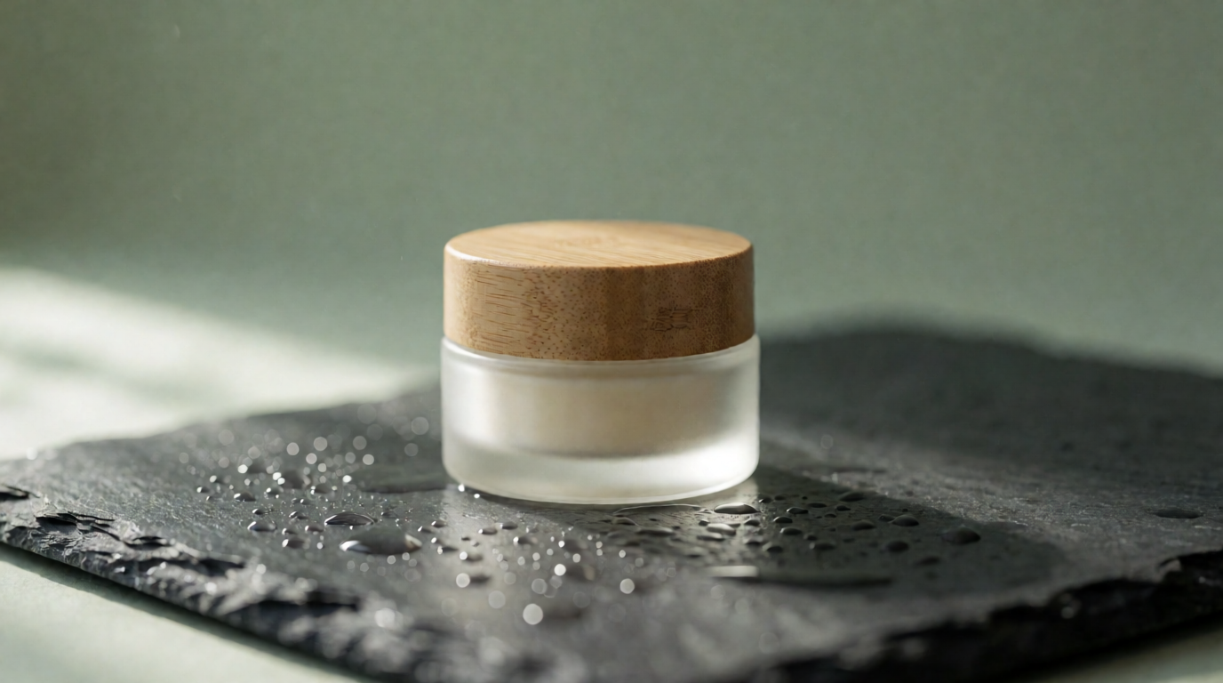 Raw Krea 2 output: frosted cosmetics jar on wet slate stone