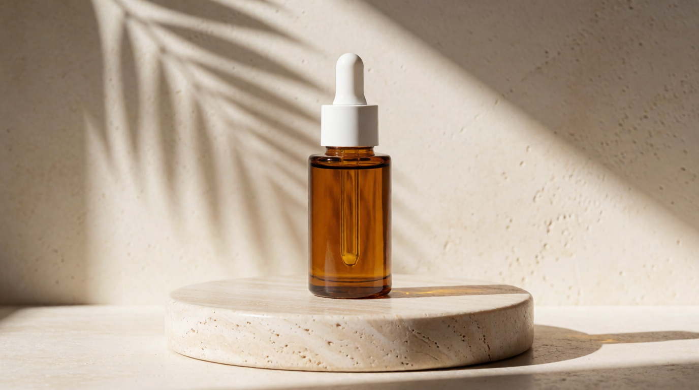 Raw Krea 2 output: serum bottle on travertine with palm shadow