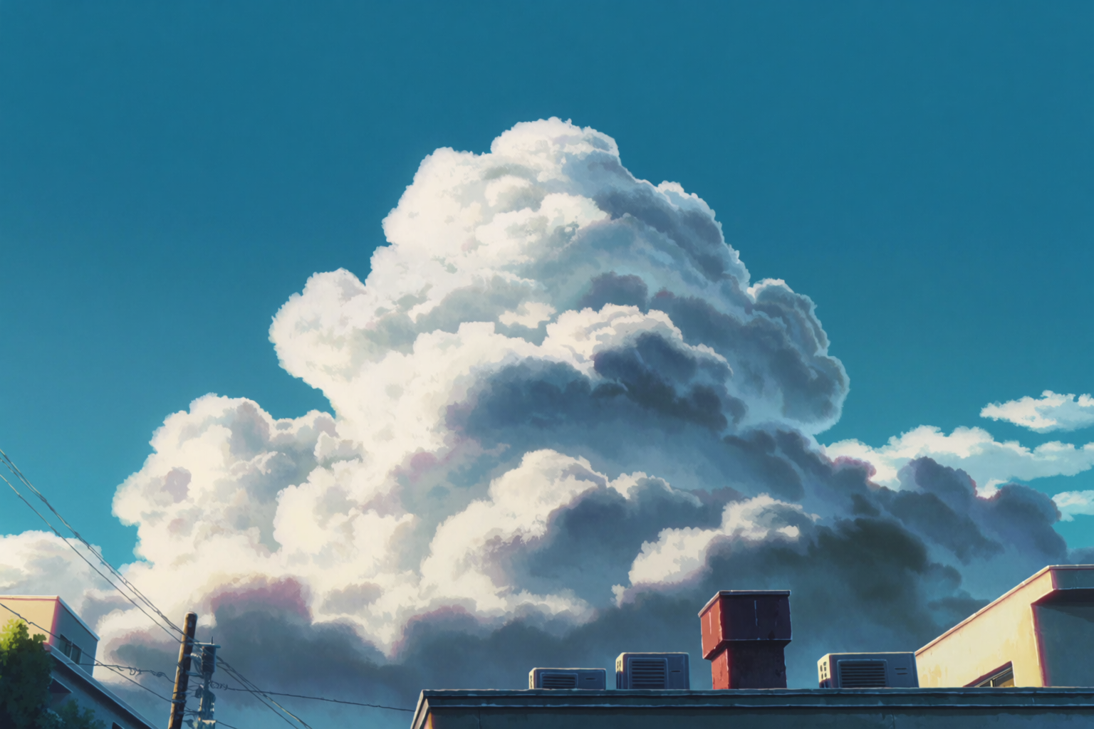Nuvens cúmulus imponentes acima de um telhado suburbano japonês, céu de anime no estilo Makoto Shinkai