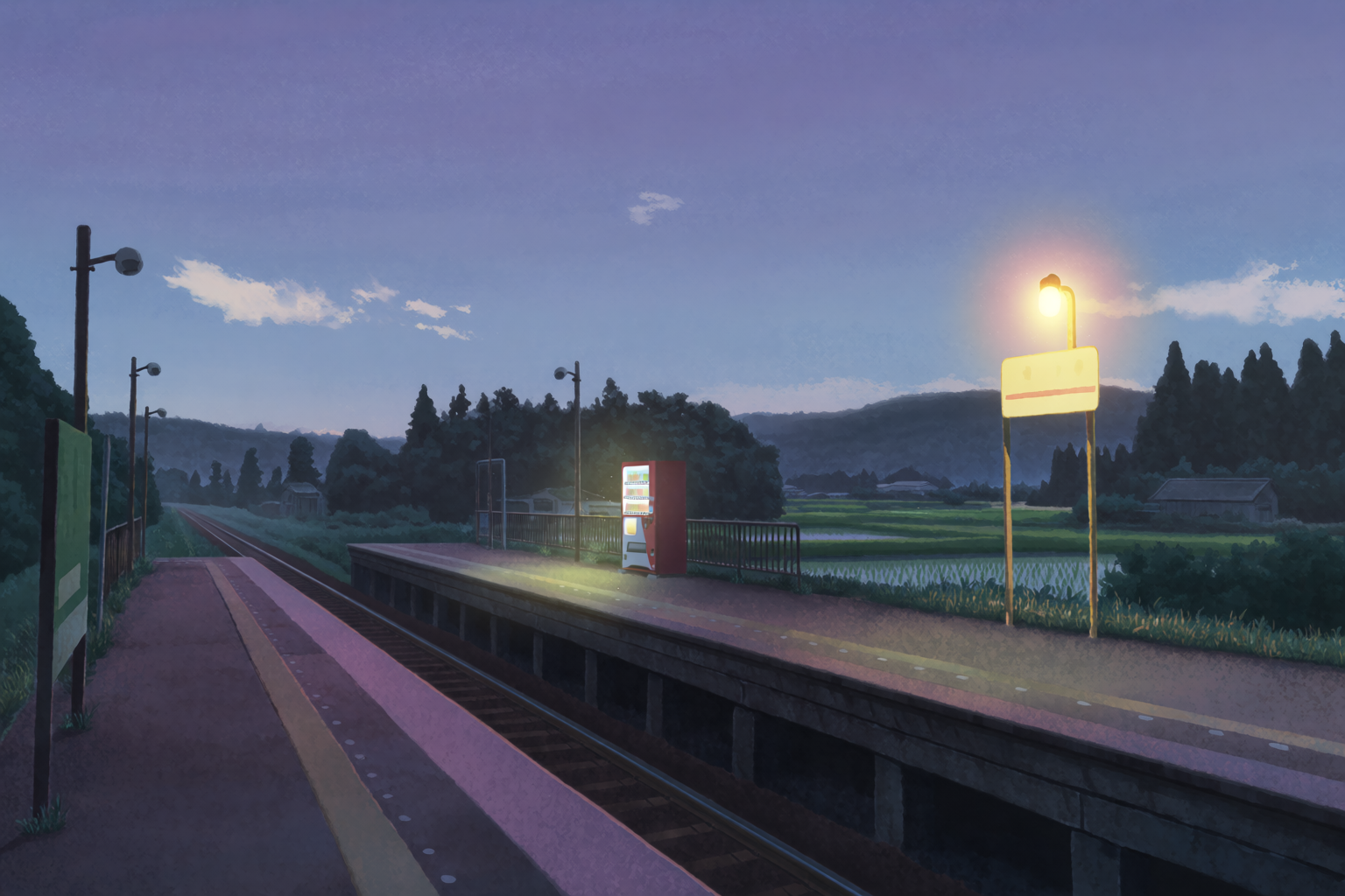 Plataforma rural japonesa ao anoitecer com uma única lâmpada da estação acendendo