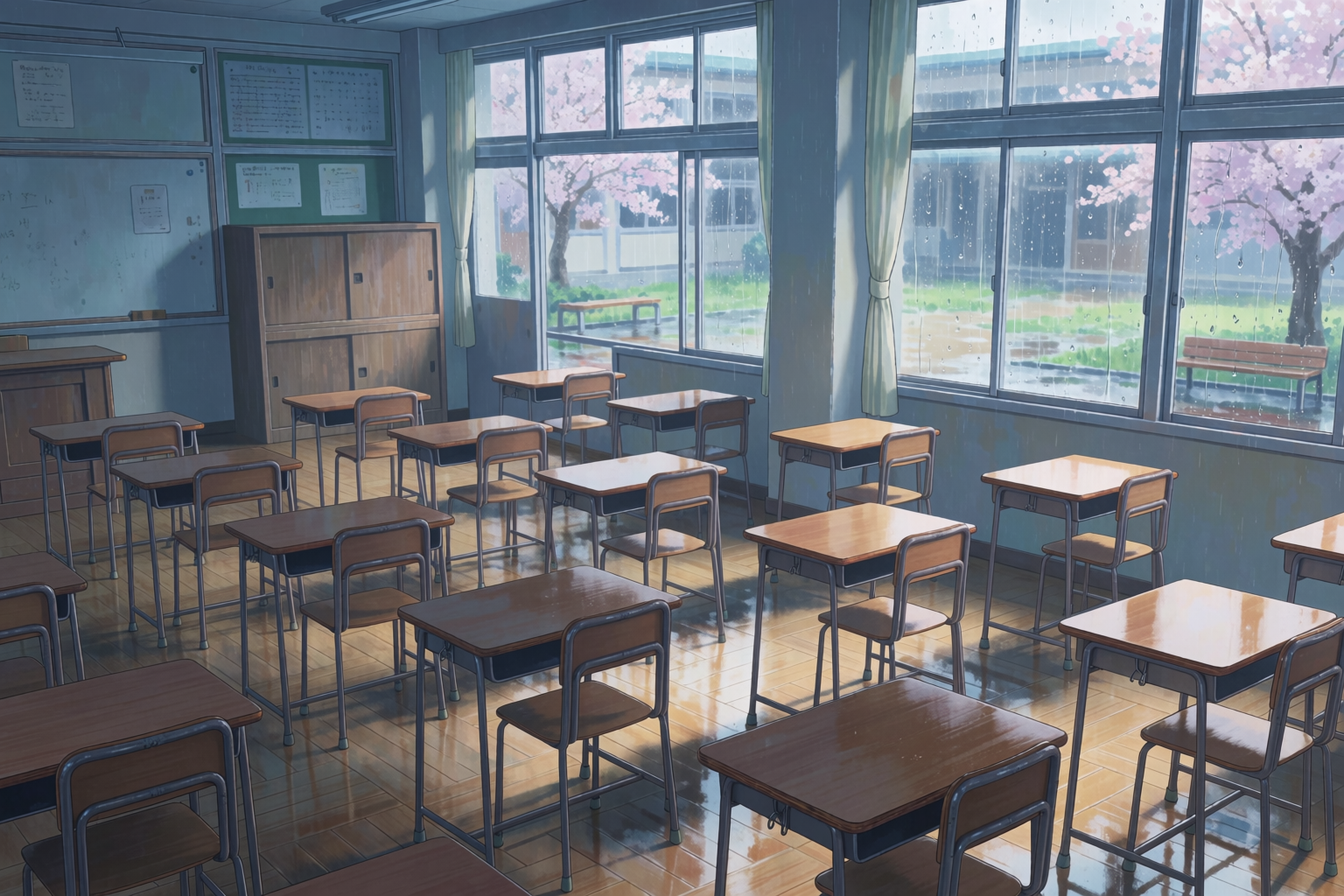 Sala de aula vazia após a chuva com sakura visível pelas janelas molhadas
