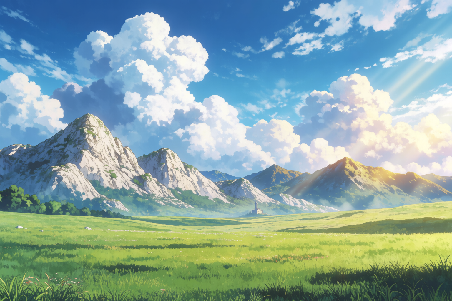 Planície de fantasia isekai com castelo distante e cúmulos dramáticos