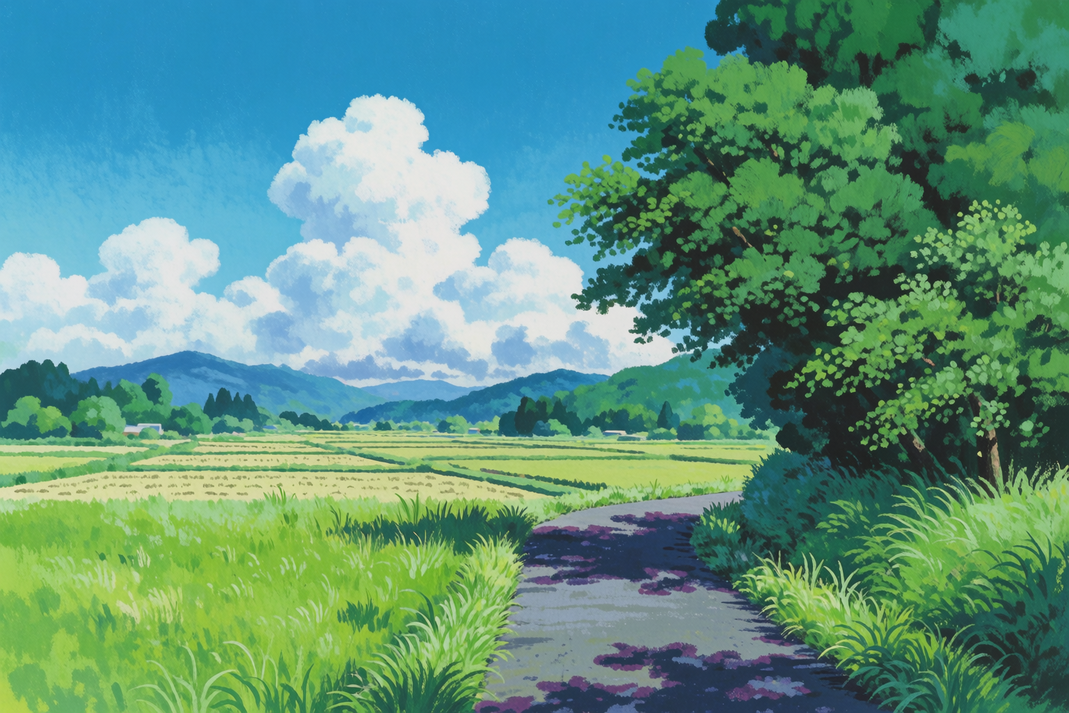 Campo japonês de verão, arrozais verdes e cúmulos ao estilo Ghibli
