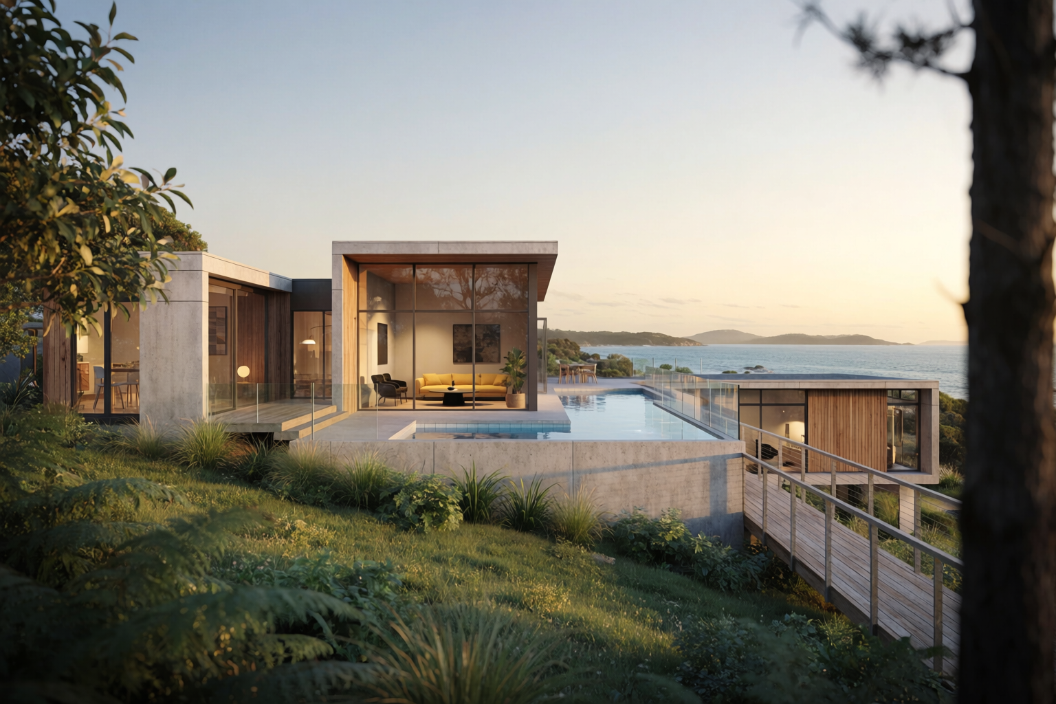Photoreal modern coastal villa at golden hour, warm timber and concrete facade