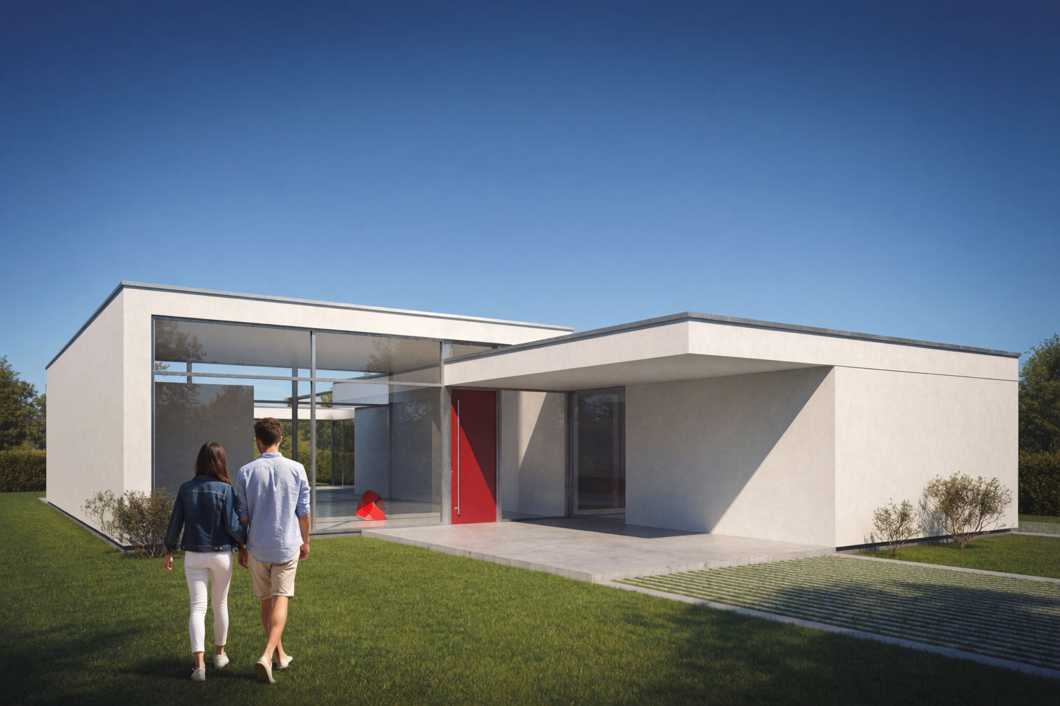 Strict modernist single-family house with flat roof and floor-to-ceiling glazing