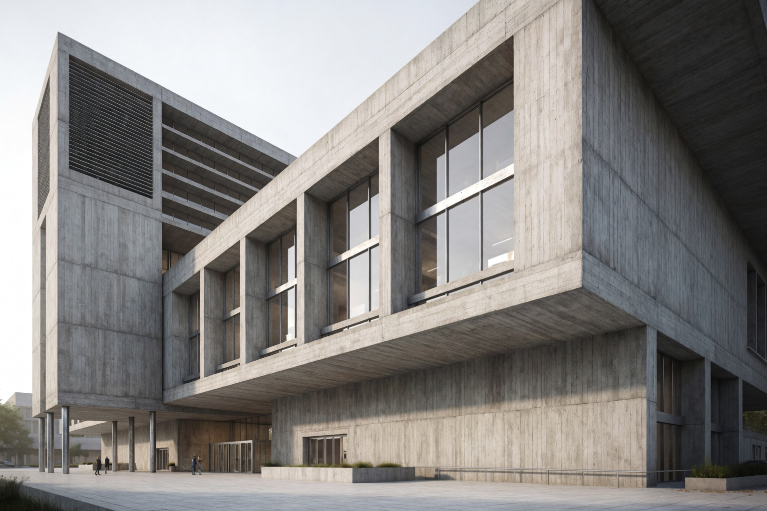 Brutalist civic building with raw board-formed concrete and dramatic cantilevers