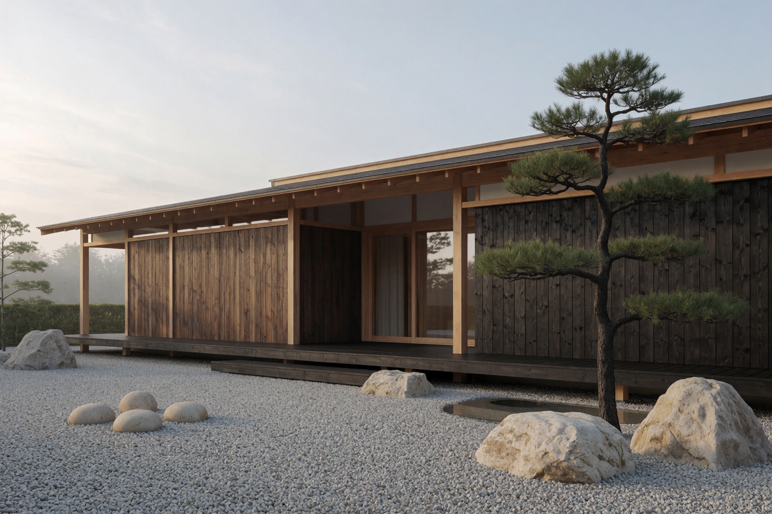 Japandi pavilion with shou-sugi-ban exterior and raked gravel garden